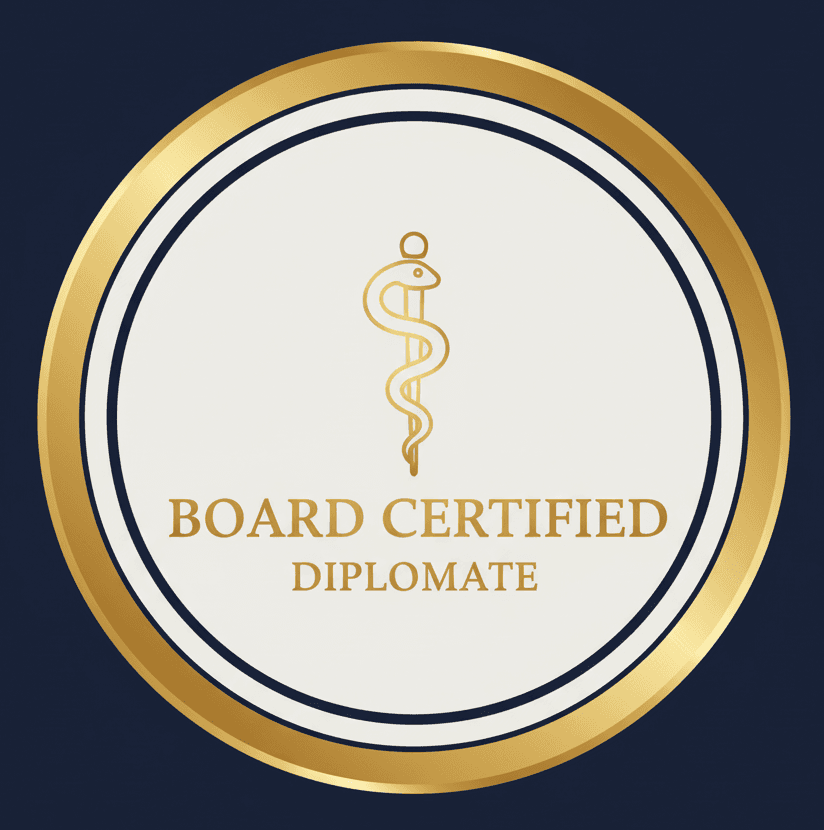 A professional seal verifying that DVM League specialists are board-certified diplomates.