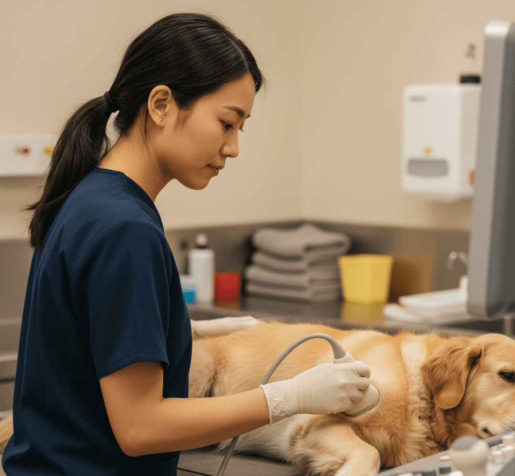A general practice veterinarian confidently performing an ultrasound in their own clinic, empowered by specialist guidance.